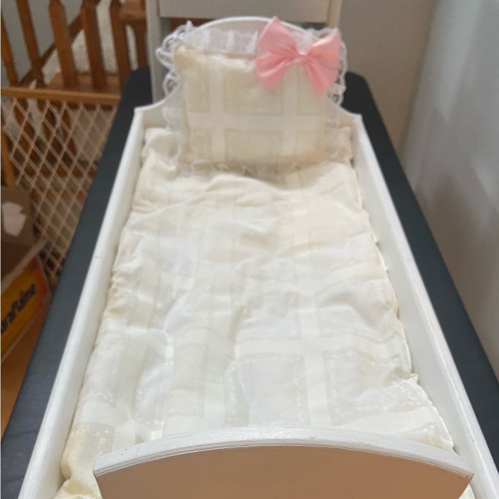 White Doll Bed with Pink Bow Accents